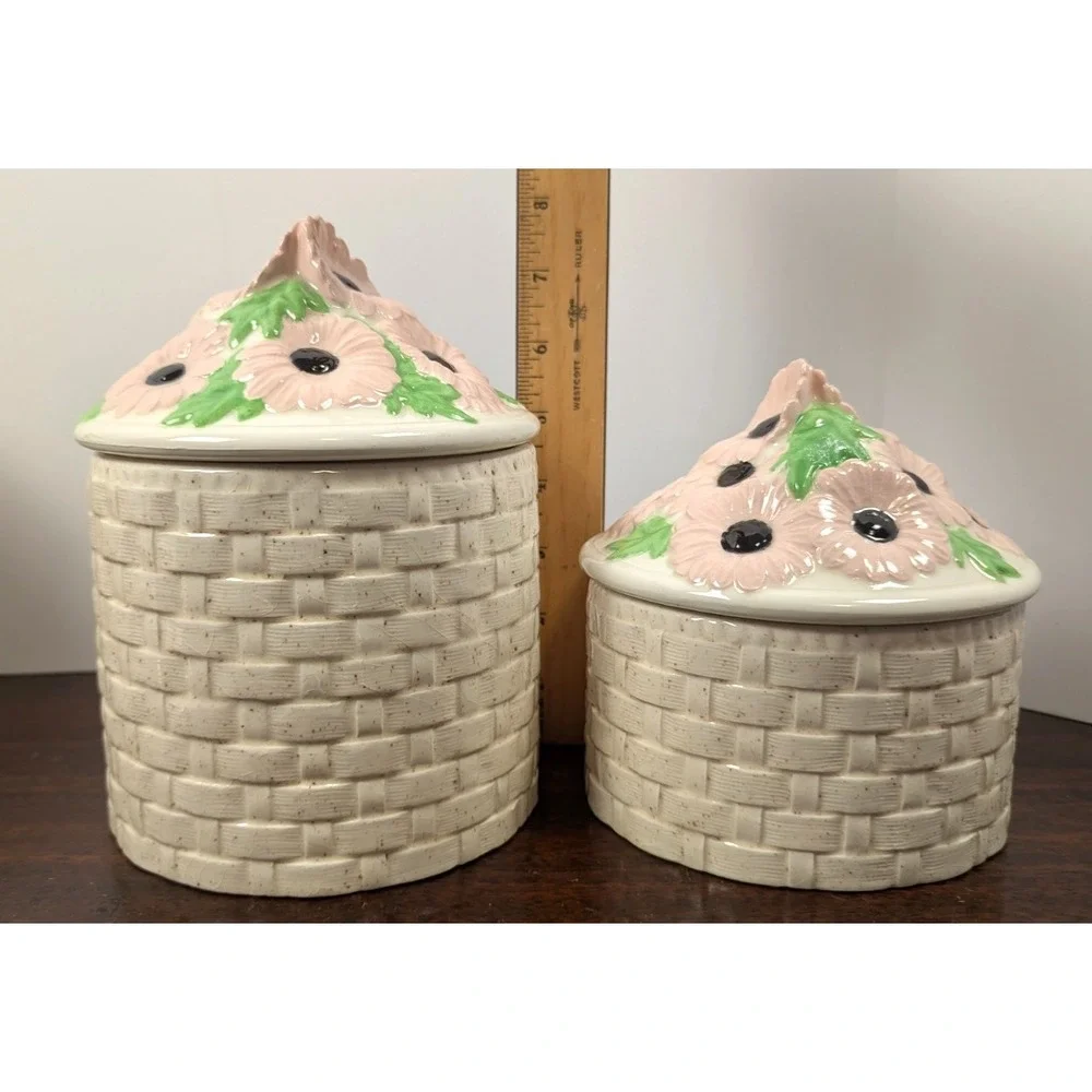 Vintage Ceramic Basket Weave Canisters Pink Daisy Flower Lids Speckled Stoneware